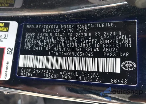 2022 Toyota Camry Se/Se Night Shade из США, поврежденный, VIN 4T1G11AK6NU654045